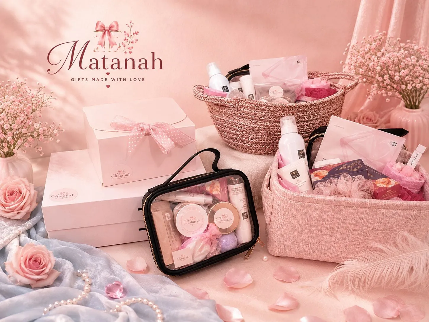 A spread of Matanah gift boxes and baskets filled with self-care products, roses and ribbon on a blush backdrop.