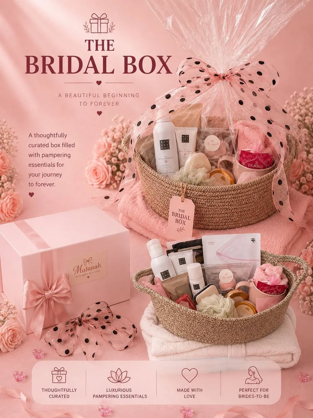The Bridal Box — a basket of pampering essentials wrapped in tulle, beside a pink Matanah gift box.