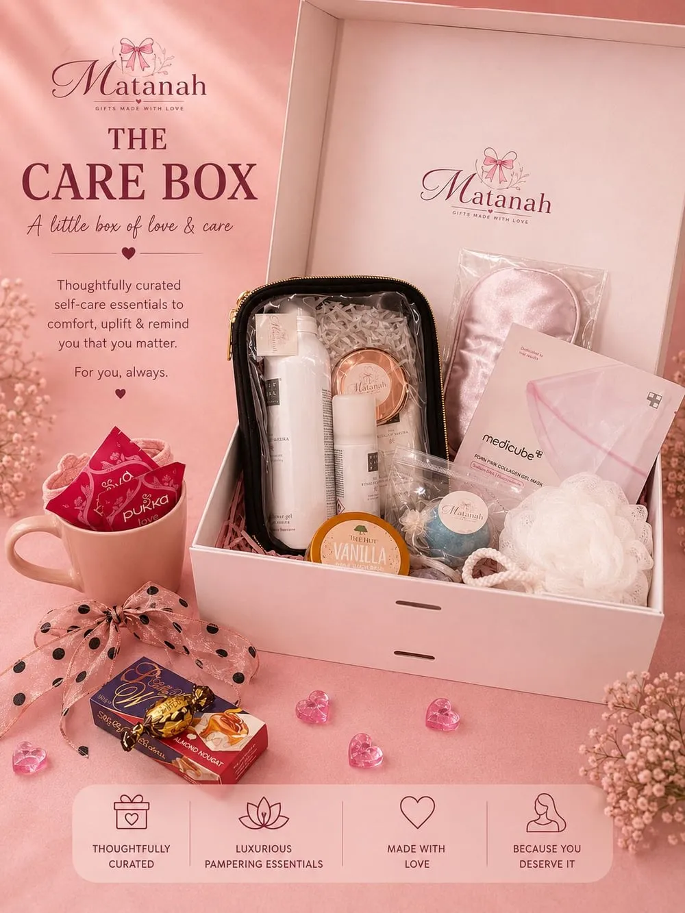 The Care Box — a Matanah box of self-care treats with a satin eye mask, candle and herbal tea.