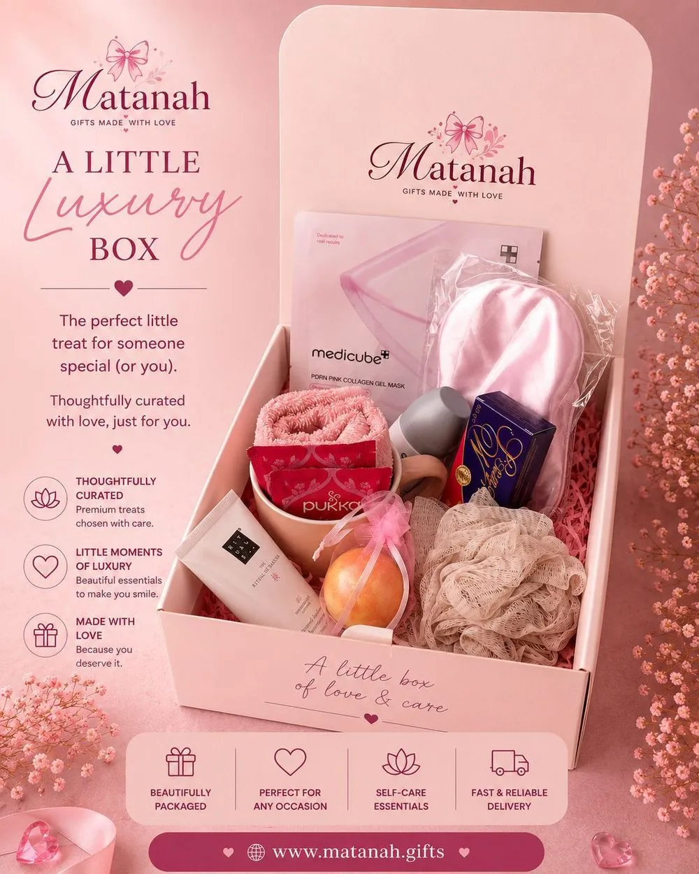 A Little Luxury — a pink Matanah box of self-care treats and little indulgences