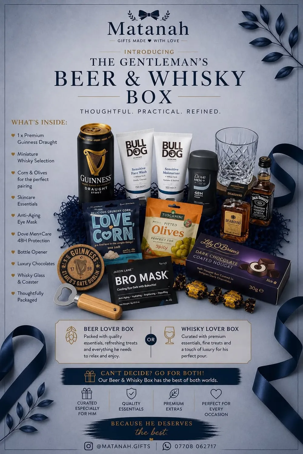 The Gentleman's Collection — navy gift boxes of grooming essentials, drinks and treats for him.