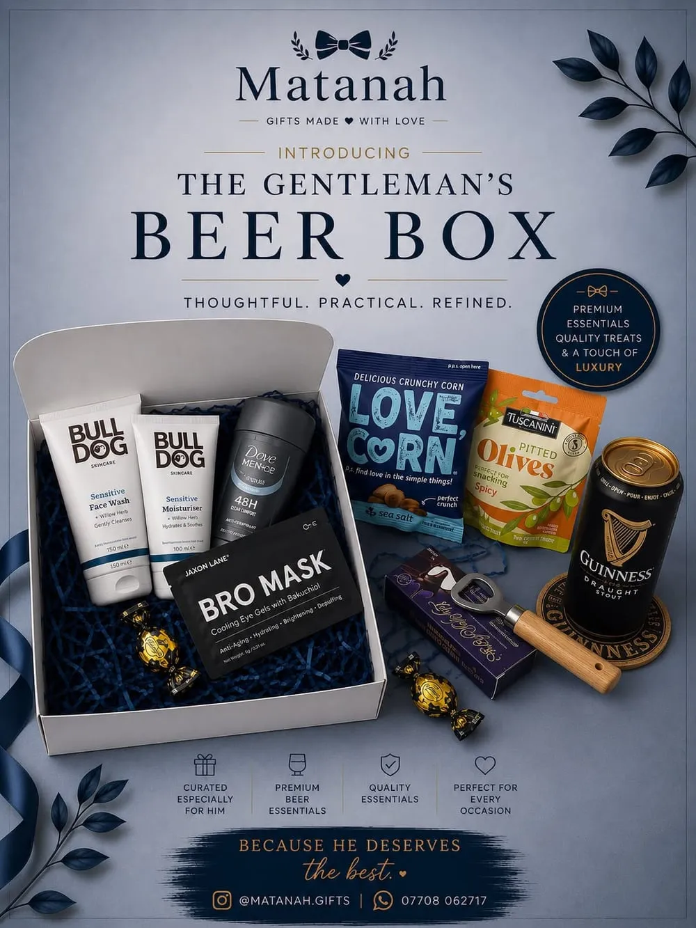 The Gentleman's Beer Box — a Guinness Draught, grooming essentials, snacks and a bottle opener in a navy Matanah box.
