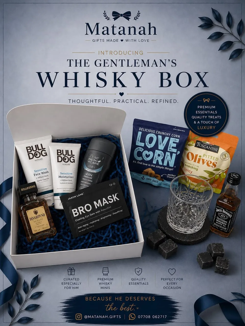 The Gentleman's Whisky Box — whisky miniatures, a crystal glass and stones, grooming essentials and snacks in a navy Matanah box.